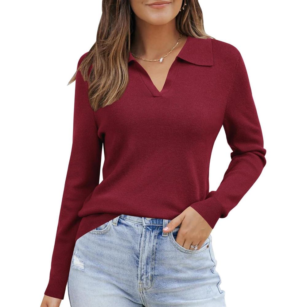 image:imageArachampCloz Womens Wool Blend Collared Polo Pullover Spring Sweaters Business Casual Outfits 2026Dark Red