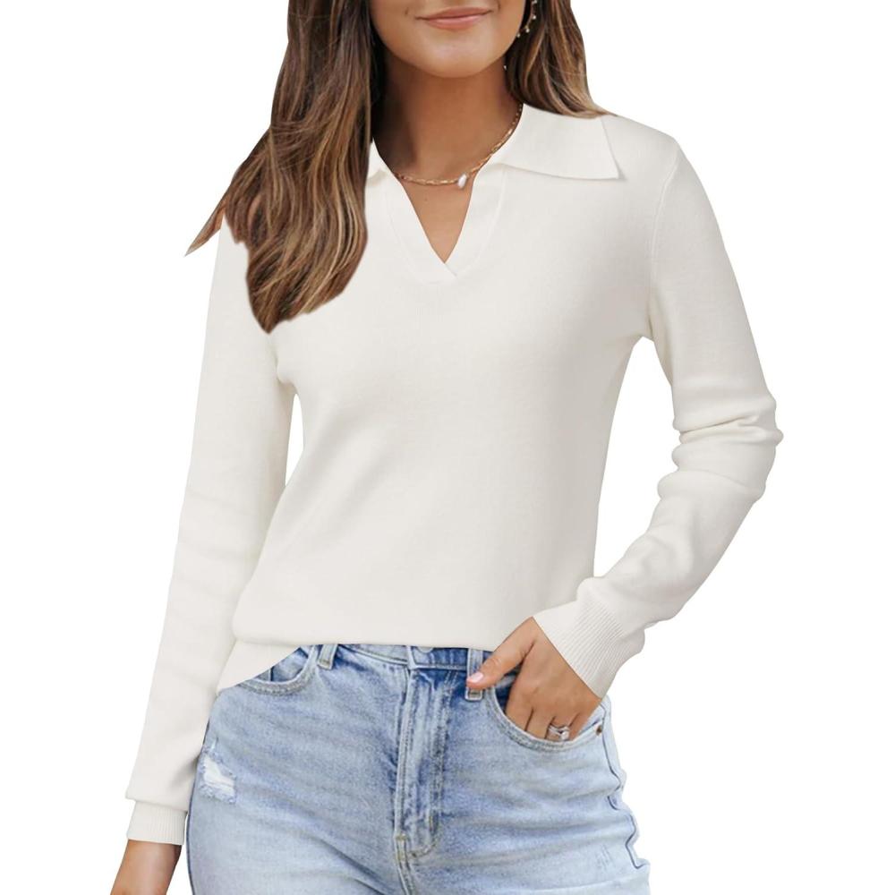 image:imageArachampCloz Womens Wool Blend Collared Polo Pullover Spring Sweaters Business Casual Outfits 2026Offwhite