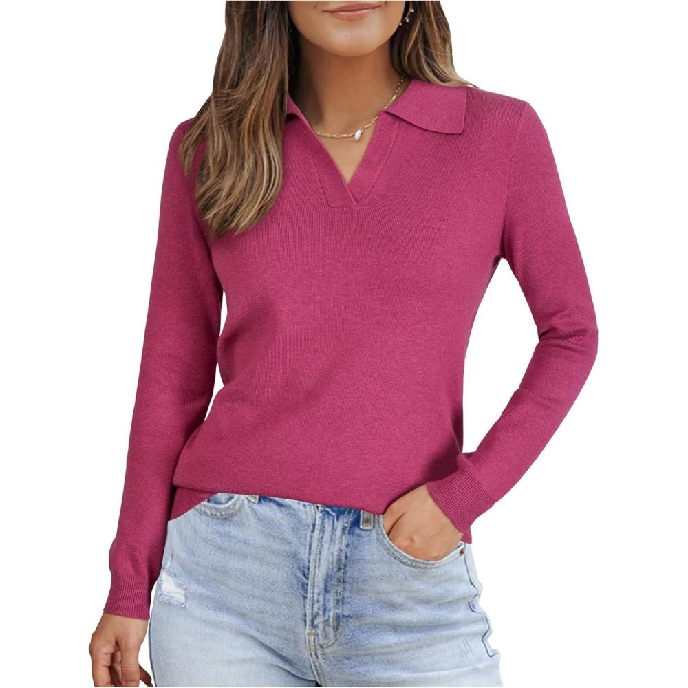 image:imageArachampCloz Womens Wool Blend Collared Polo Pullover Spring Sweaters Business Casual Outfits 2026Rose Red