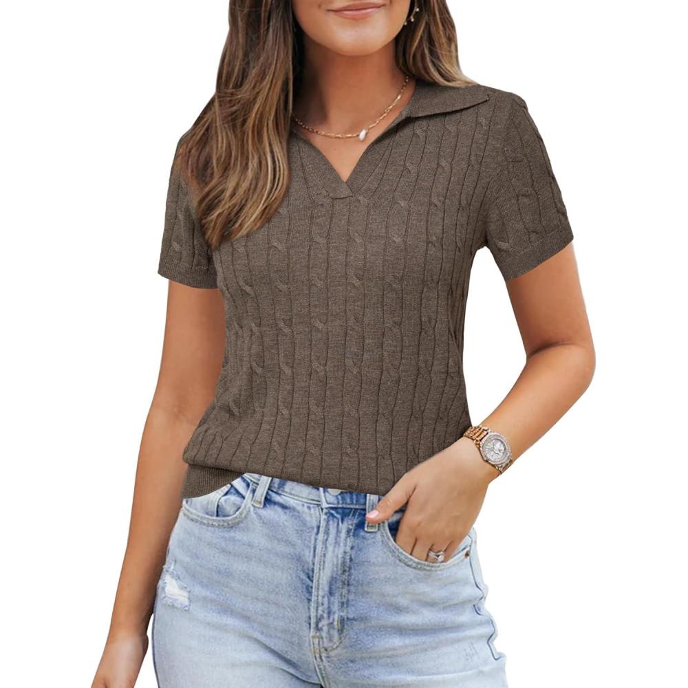 image:imageArachampCloz Womens Wool Blend Knit Spring Summer Business Casual Lightweight Short Sleeve Sweater Pullover 2026Cable Knitcoffee
