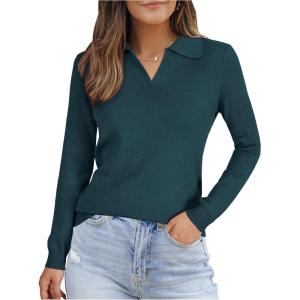Arach&Cloz Women’s Wool Blend Collared Polo Pullover Spring Sweaters Business Casual Outfits 2026(Bluish Green)