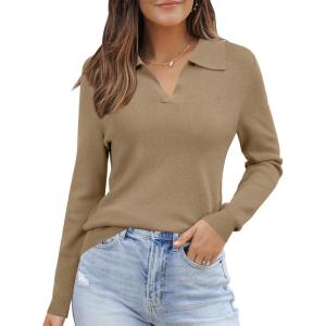 Arach&Cloz Women’s Wool Blend Collared Polo Pullover Spring Sweaters Business Casual Outfits 2026(Camel)