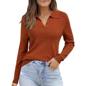 Arach&Cloz Women’s Wool Blend Collared Polo Pullover Spring Sweaters Business Casual Outfits 2026(Caramel)