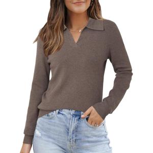 Arach&Cloz Women’s Wool Blend Collared Polo Pullover Spring Sweaters Business Casual Outfits 2026(Coffee)