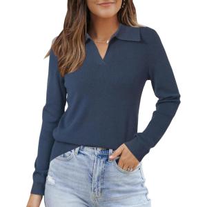 Arach&Cloz Women’s Wool Blend Collared Polo Pullover Spring Sweaters Business Casual Outfits 2026(Dark Blue)