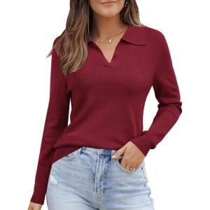 Arach&Cloz Women’s Wool Blend Collared Polo Pullover Spring Sweaters Business Casual Outfits 2026(Dark Red)