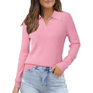 Arach&Cloz Women’s Wool Blend Collared Polo Pullover Spring Sweaters Business Casual Outfits 2026(Pink)