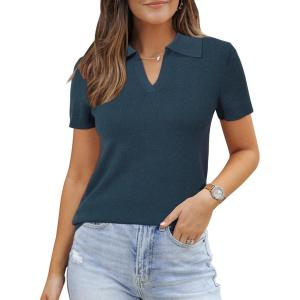 Arach&Cloz Women’s Wool Blend Knit Spring Summer Business Casual Lightweight Short Sleeve Sweater Pullover 2026(Dark Blue)
