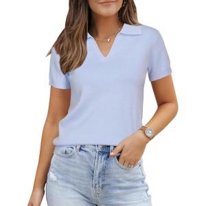 Arach&Cloz Women’s Wool Blend Knit Spring Summer Business Casual Lightweight Short Sleeve Sweater Pullover 2026(Light Blue)