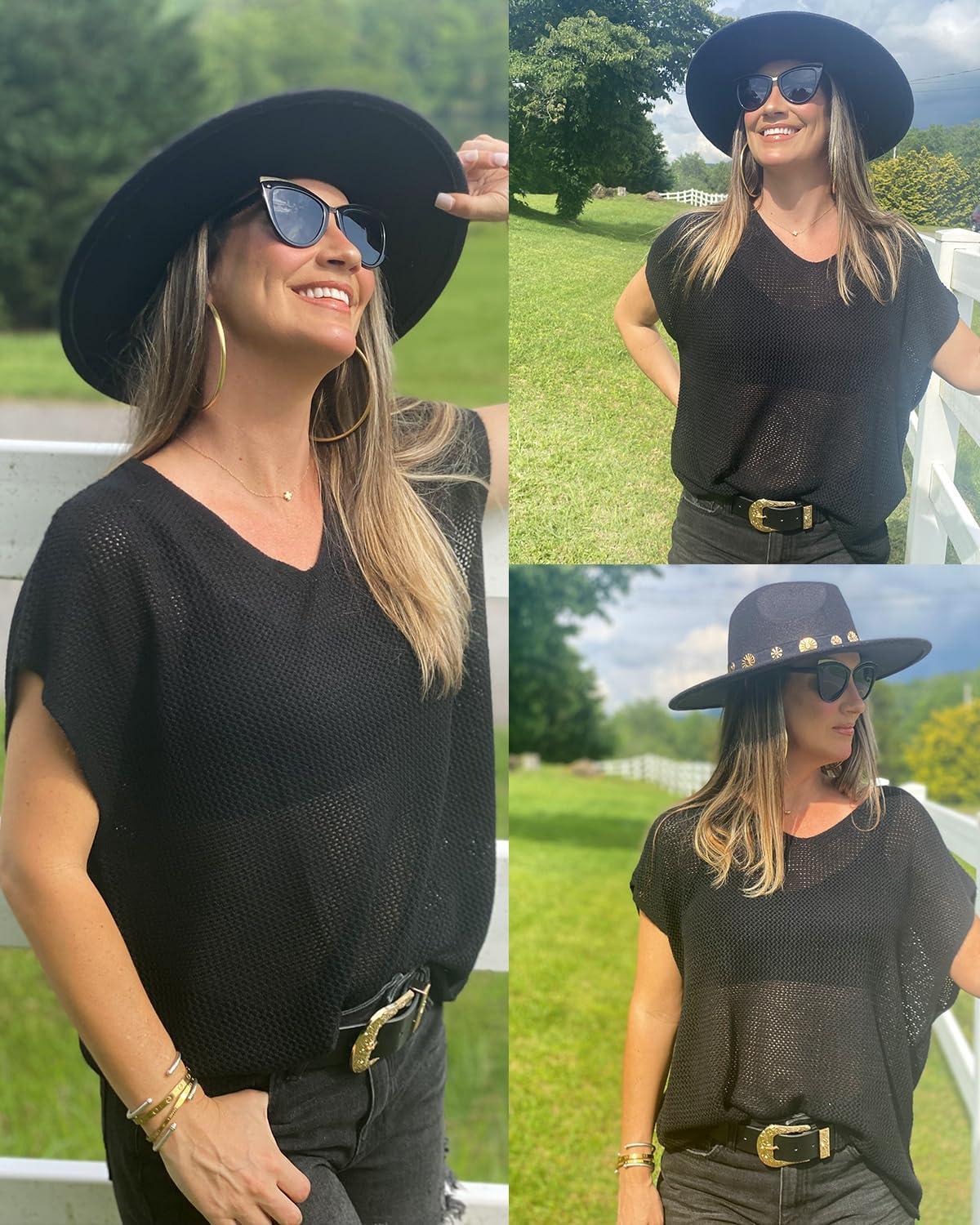 image:imageArachampCloz Women Crochet Tops 2025 Summer Wool Blended Sweater Vest Short Sleeve Fashion Outfits Oversized CoverupBlack