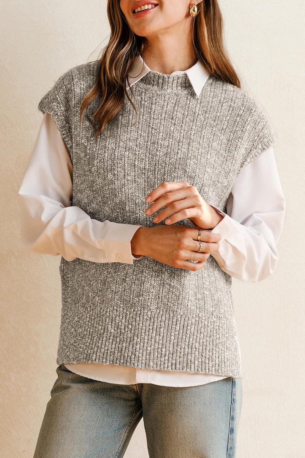 image:imageArachampCloz Womens Cotton Blend Cap Sleeve Side Slit Sweater Vest Fall Casual Tops 2025Khaki Grey