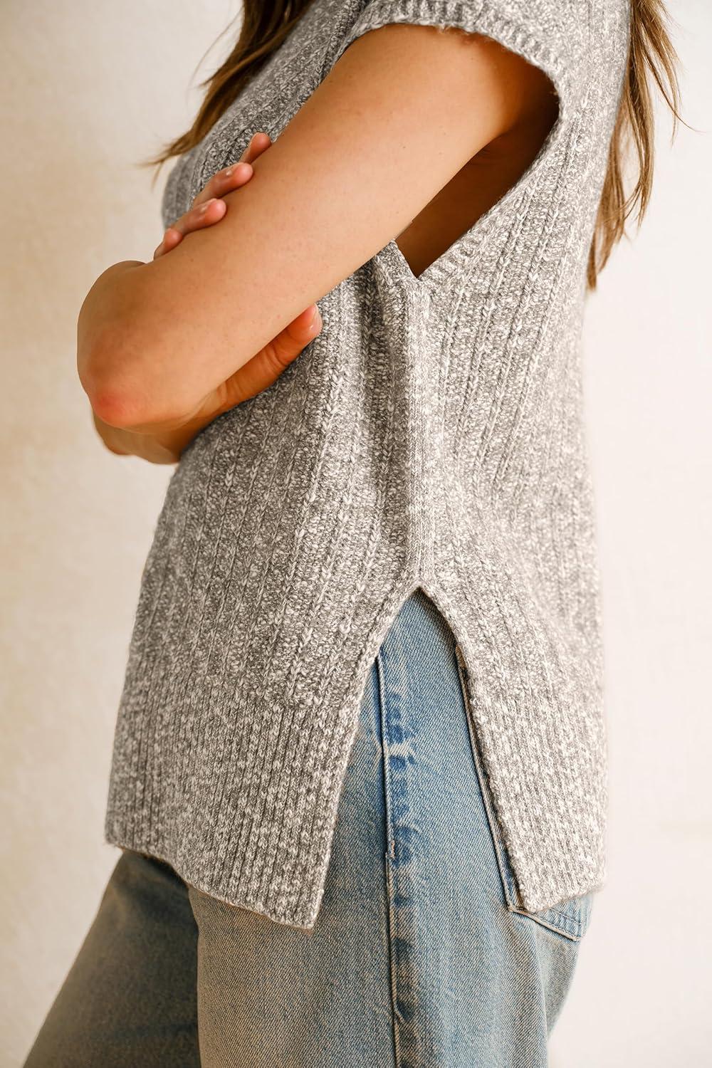 image:imageArachampCloz Womens Cotton Blend Cap Sleeve Side Slit Sweater Vest Fall Casual Tops 2025Khaki Grey