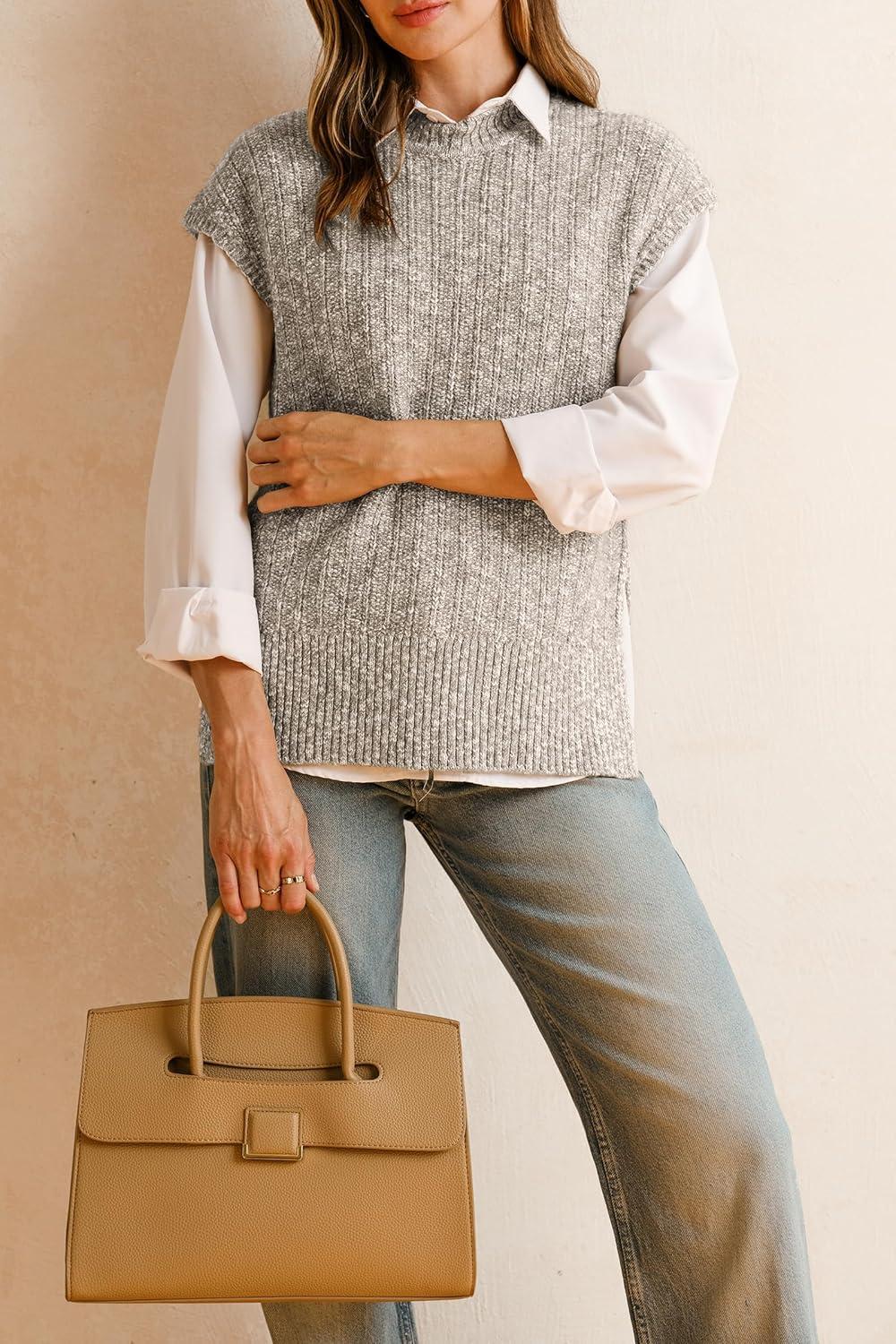 image:imageArachampCloz Womens Cotton Blend Cap Sleeve Side Slit Sweater Vest Fall Casual Tops 2025Khaki Grey