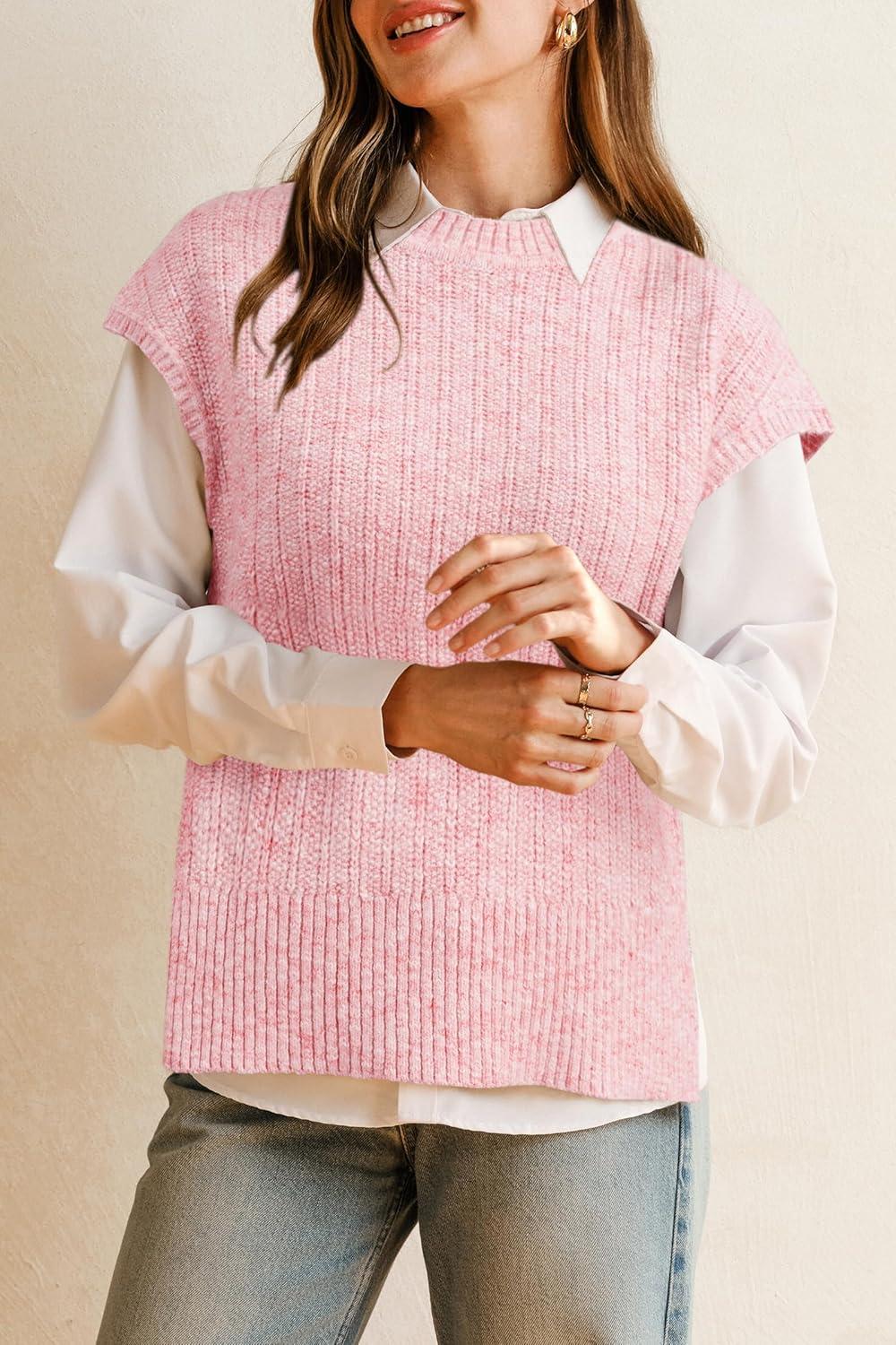 image:imageArachampCloz Womens Cotton Blend Cap Sleeve Side Slit Sweater Vest Fall Casual Tops 2025Light Pink