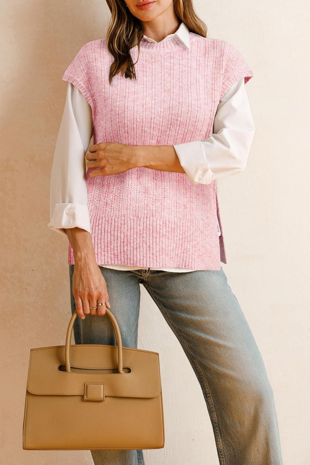 image:imageArachampCloz Womens Cotton Blend Cap Sleeve Side Slit Sweater Vest Fall Casual Tops 2025Light Pink