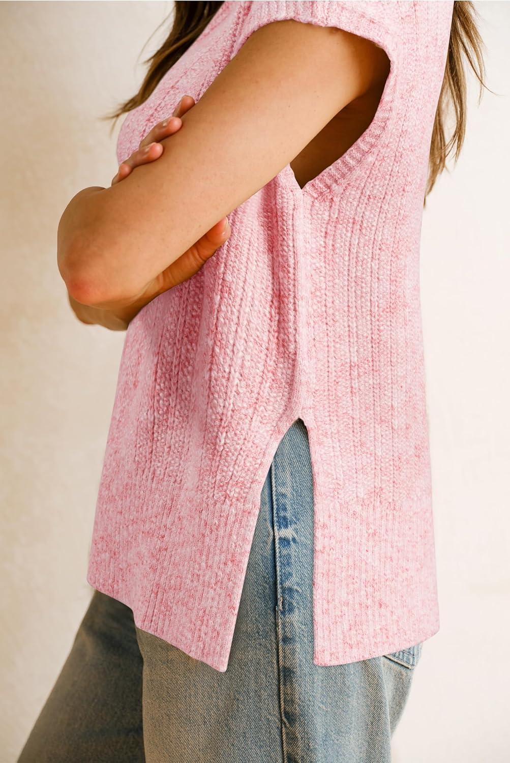 image:imageArachampCloz Womens Cotton Blend Cap Sleeve Side Slit Sweater Vest Fall Casual Tops 2025Light Pink