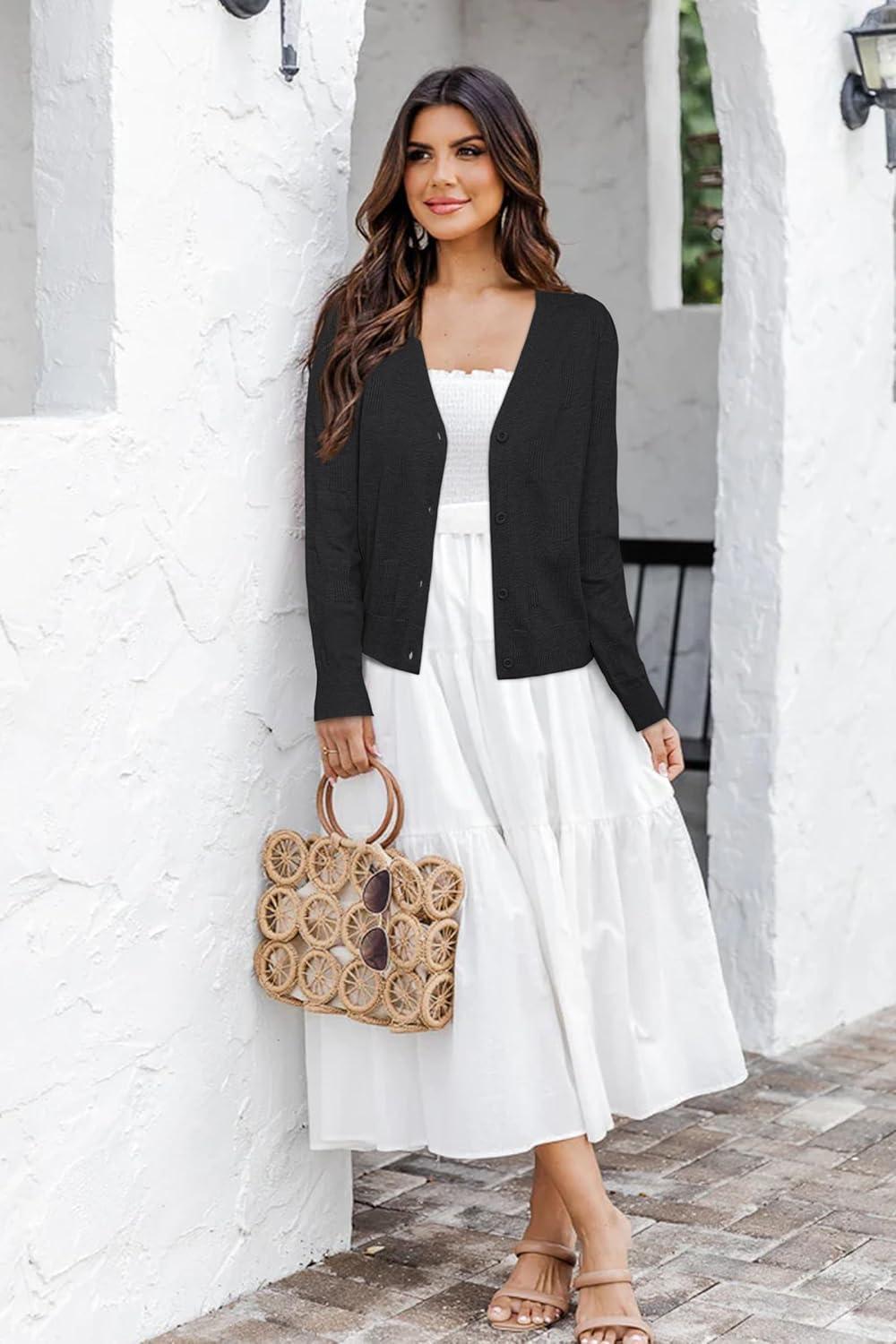 image:imageArachampCloz Womens Soft Cropped Cardigan Casual Lightweight Shrug Sweater TopsBlack