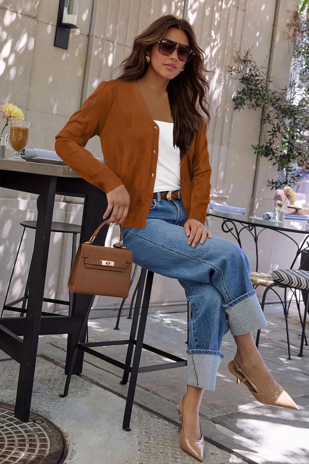 image:imageArachampCloz Womens Soft Cropped Cardigan Casual Lightweight Shrug Sweater TopsCaramel