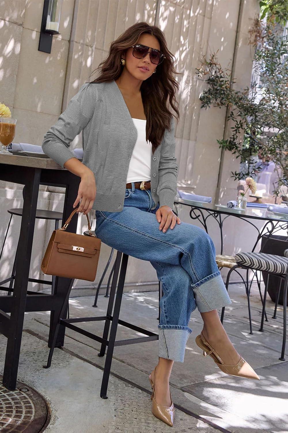 image:imageArachampCloz Womens Soft Cropped Cardigan Casual Lightweight Shrug Sweater TopsGray