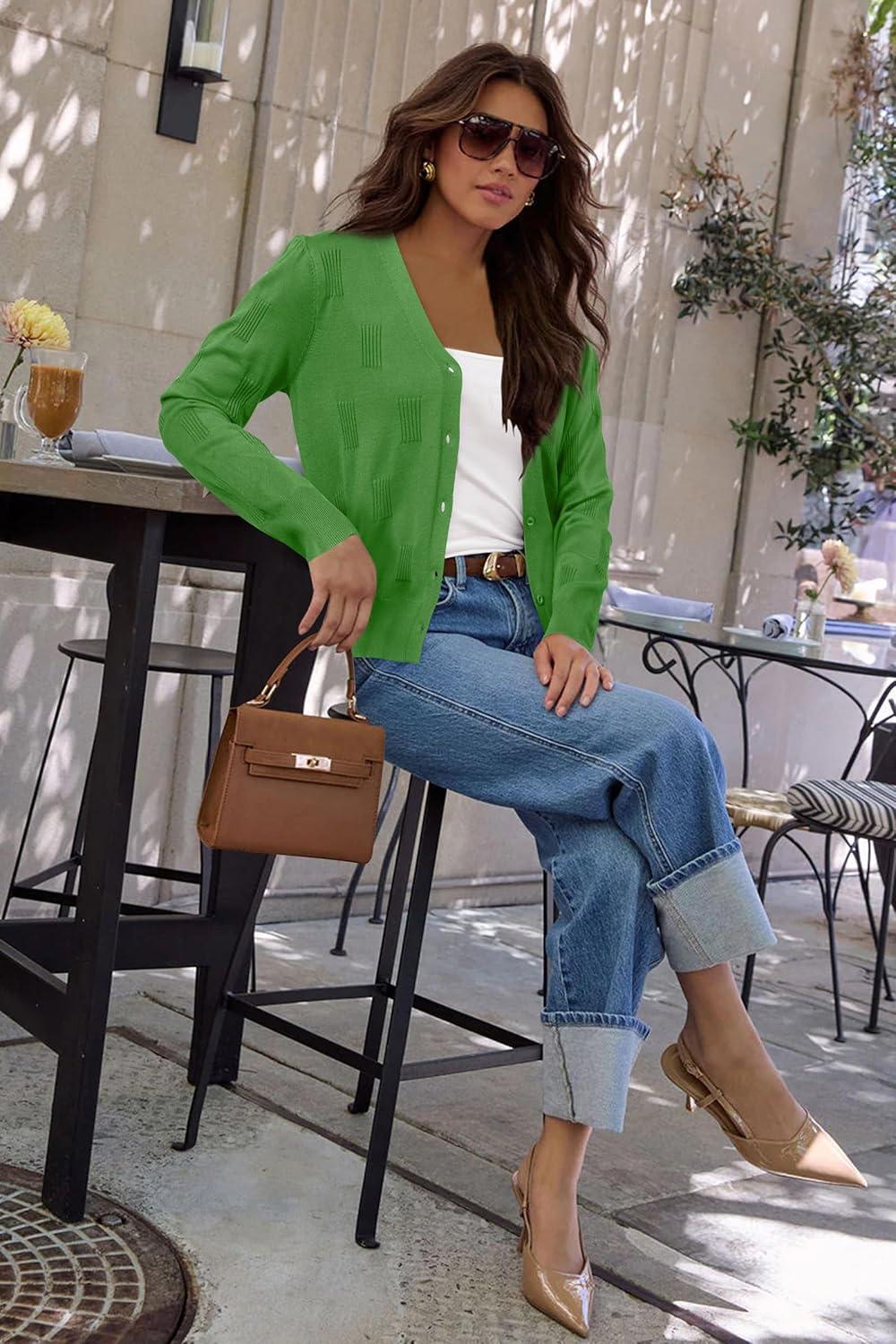 image:imageArachampCloz Womens Soft Cropped Cardigan Casual Lightweight Shrug Sweater TopsGreen