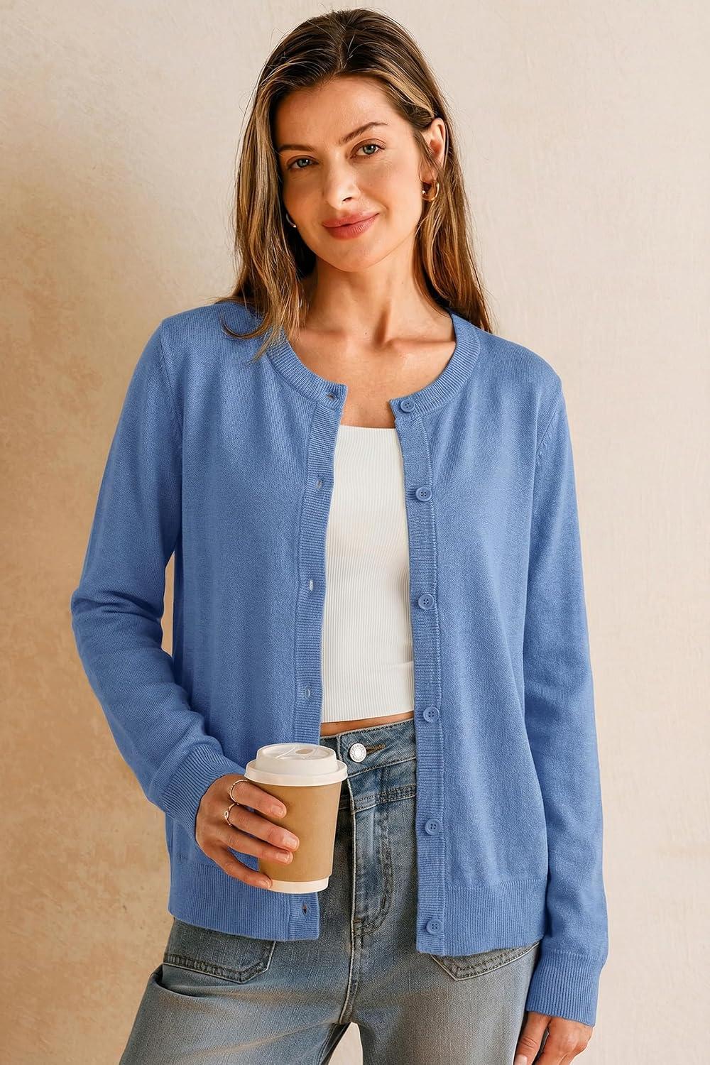 image:imageArachampCloz Womens Wool Blend Lightweight Spring Business Casual Cardigan Sweaters TopsLake Blue