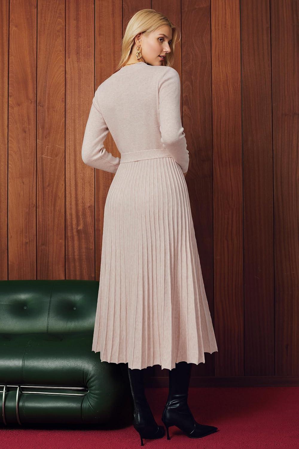 image:imageArachampCloz Womens Wool Blend Mock Neck Tie Waist Fall Winter Pleated Sweater Dress 2026Apricot