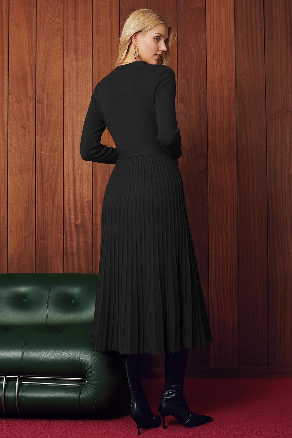 image:imageArachampCloz Womens Wool Blend Mock Neck Tie Waist Fall Winter Pleated Sweater Dress 2026Black