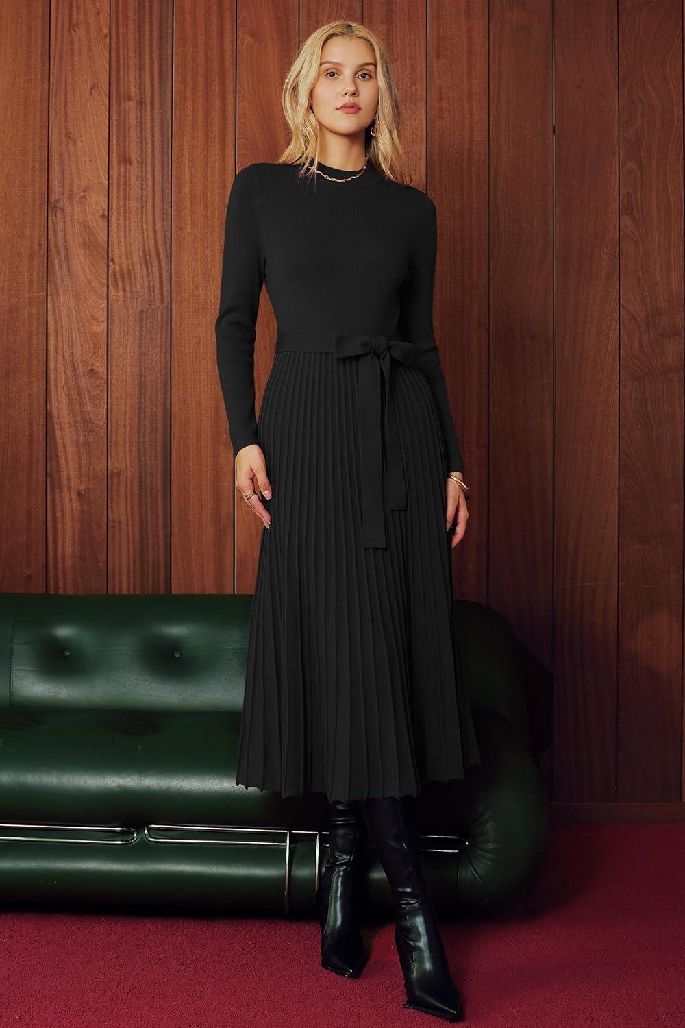 image:imageArachampCloz Womens Wool Blend Mock Neck Tie Waist Fall Winter Pleated Sweater Dress 2026Black
