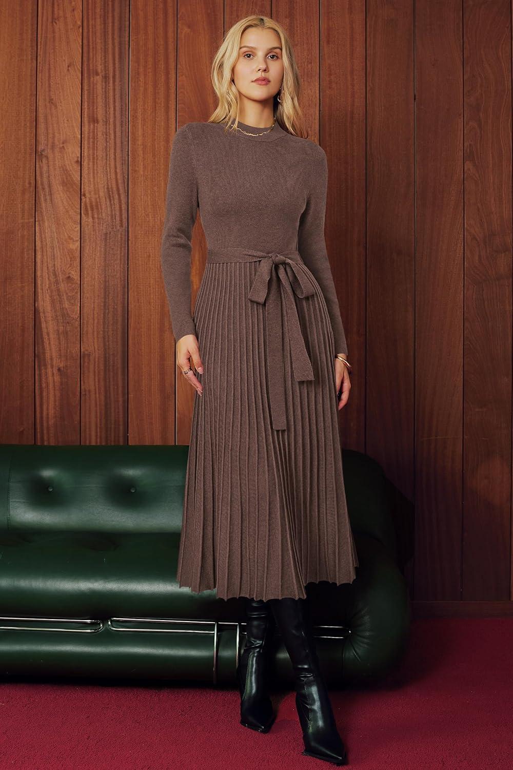 image:imageArachampCloz Womens Wool Blend Mock Neck Tie Waist Fall Winter Pleated Sweater Dress 2026Coffee