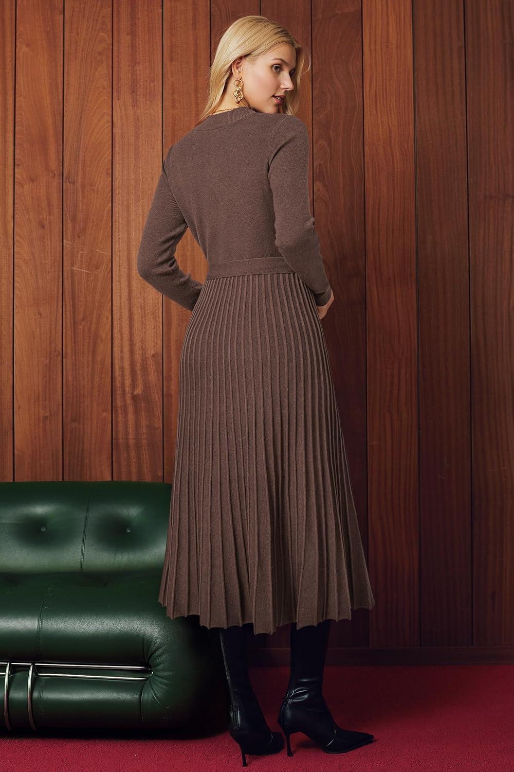 image:imageArachampCloz Womens Wool Blend Mock Neck Tie Waist Fall Winter Pleated Sweater Dress 2026Coffee