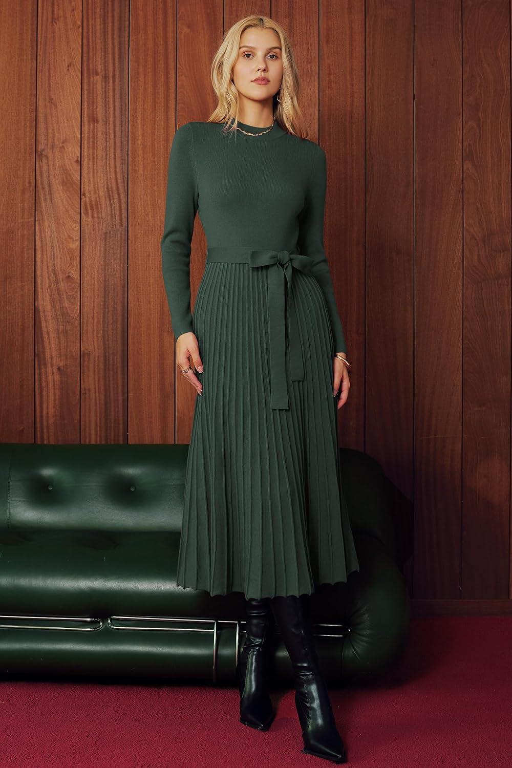 image:imageArachampCloz Womens Wool Blend Mock Neck Tie Waist Fall Winter Pleated Sweater Dress 2026Green