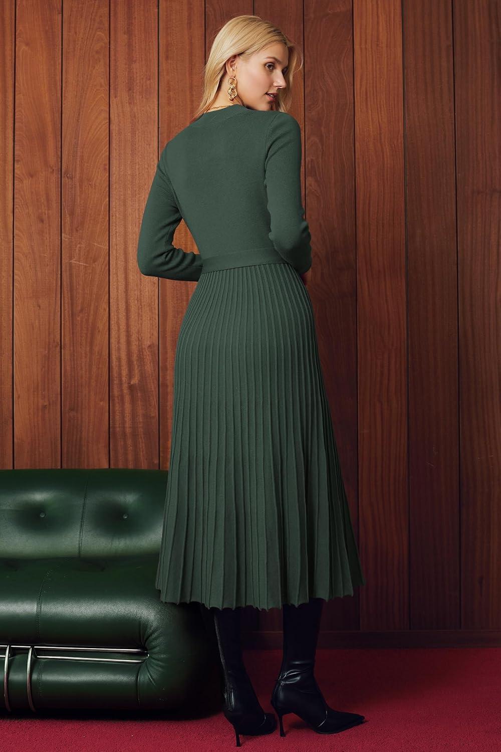 image:imageArachampCloz Womens Wool Blend Mock Neck Tie Waist Fall Winter Pleated Sweater Dress 2026Green