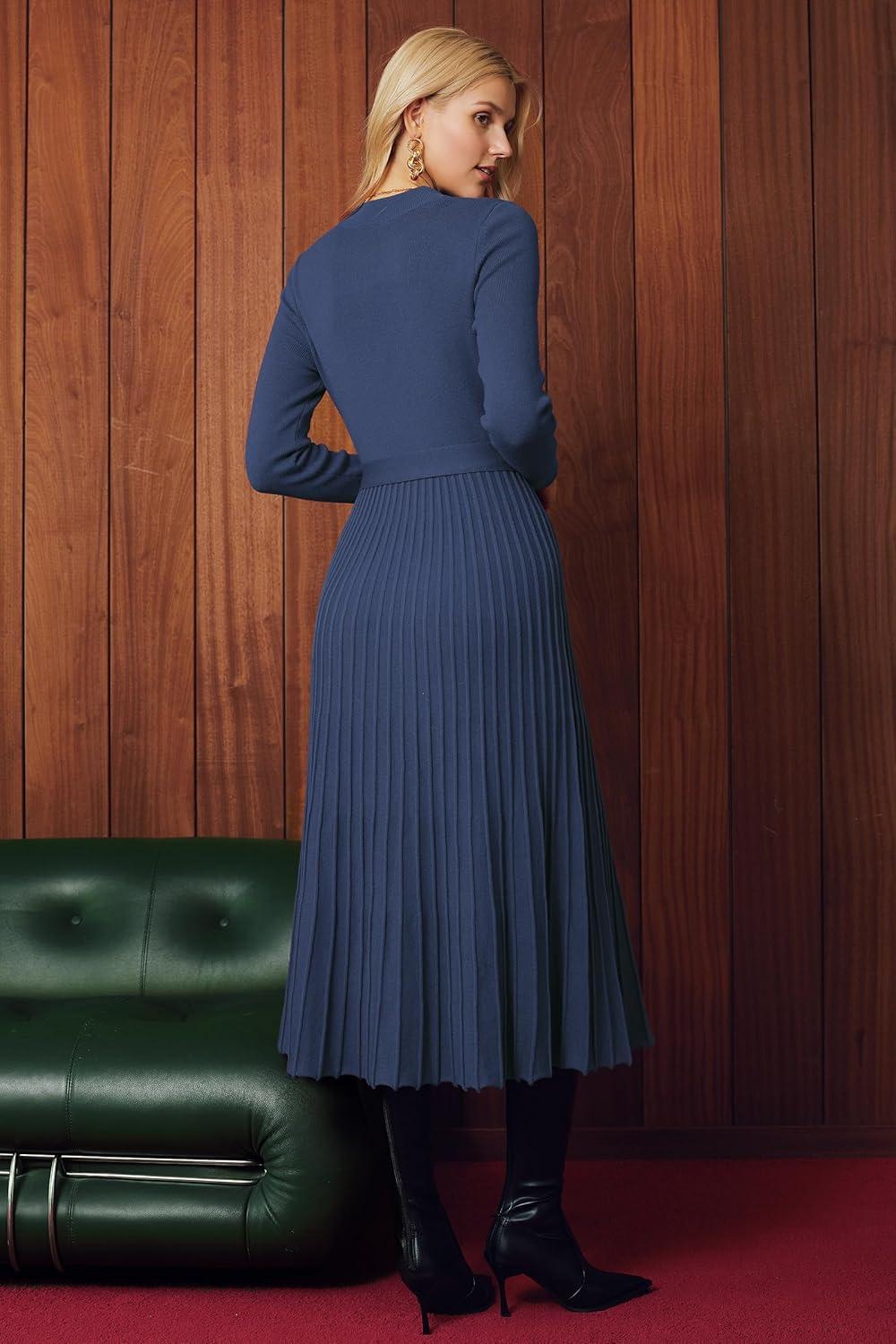 image:imageArachampCloz Womens Wool Blend Mock Neck Tie Waist Fall Winter Pleated Sweater Dress 2026Navy