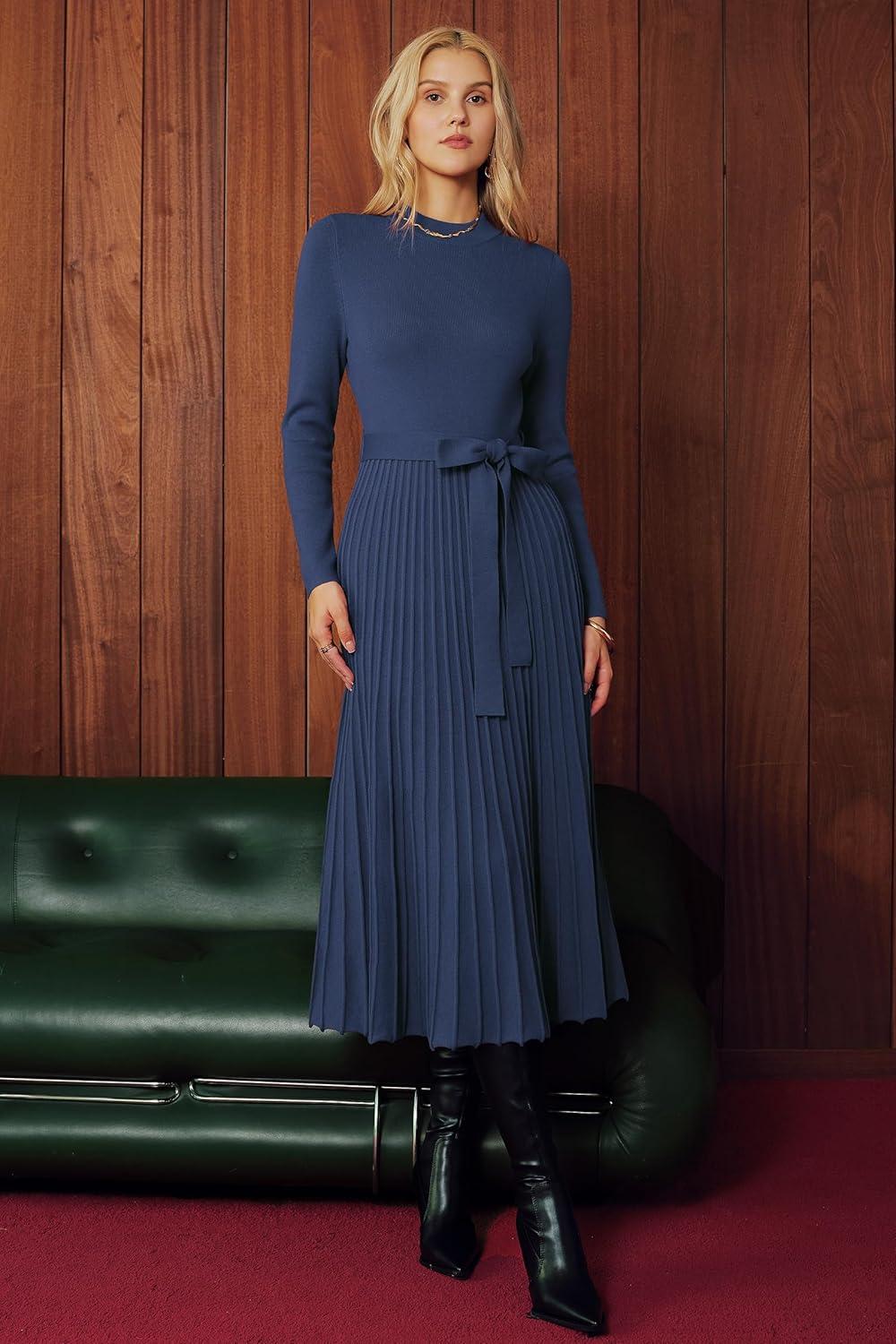image:imageArachampCloz Womens Wool Blend Mock Neck Tie Waist Fall Winter Pleated Sweater Dress 2026Navy
