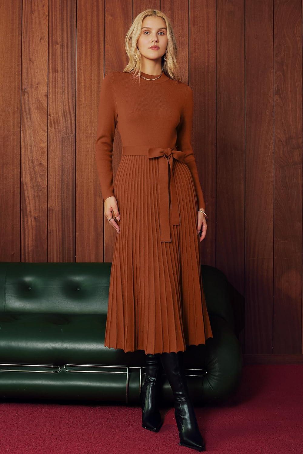 image:imageArachampCloz Womens Wool Blend Mock Neck Tie Waist Fall Winter Pleated Sweater Dress 2026Rust