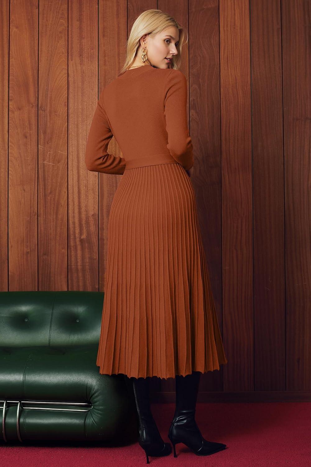 image:imageArachampCloz Womens Wool Blend Mock Neck Tie Waist Fall Winter Pleated Sweater Dress 2026Rust