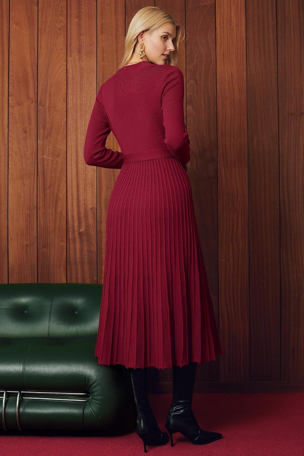 image:imageArachampCloz Womens Wool Blend Mock Neck Tie Waist Fall Winter Pleated Sweater Dress 2026Wine Red