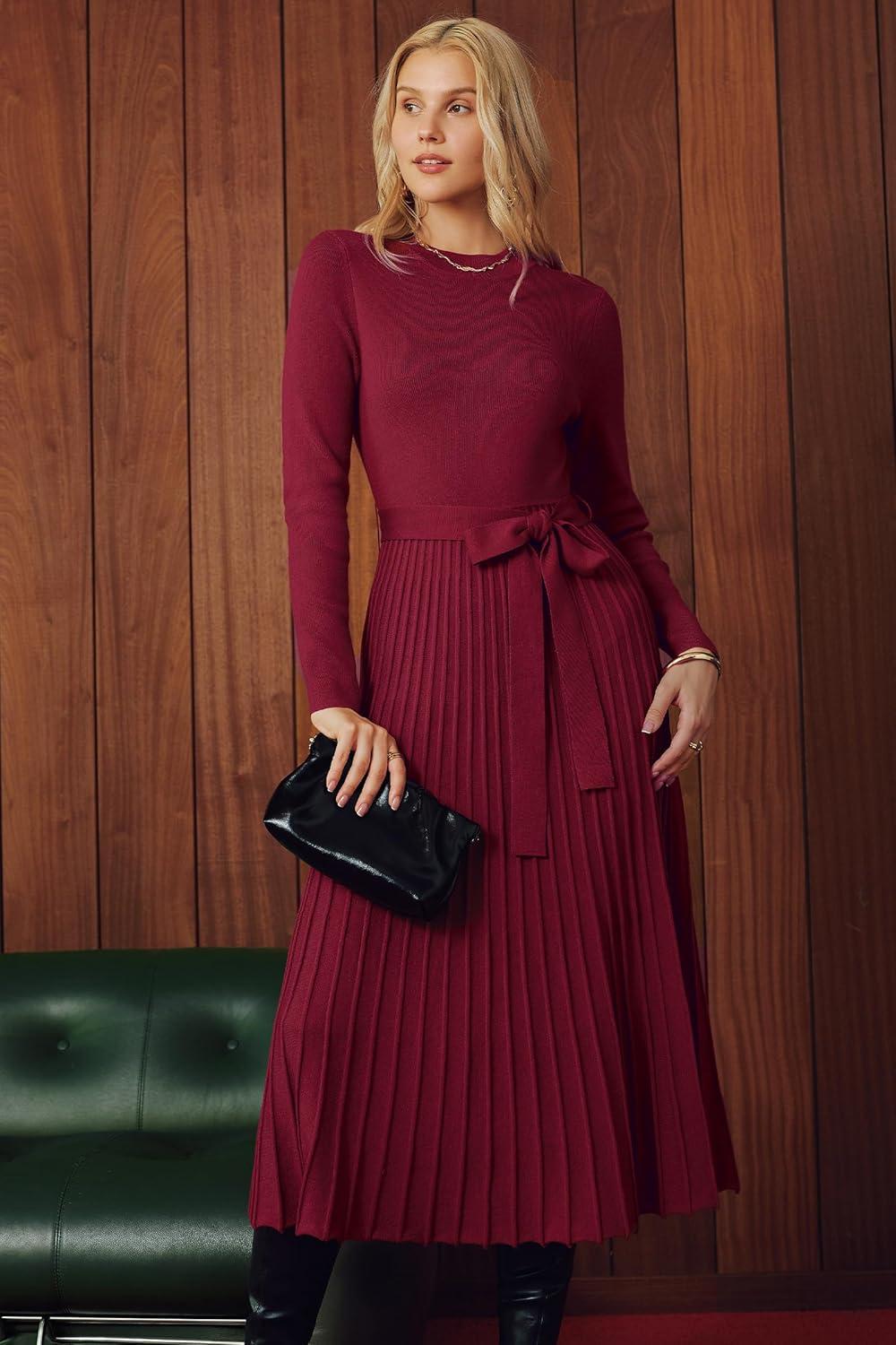 image:imageArachampCloz Womens Wool Blend Mock Neck Tie Waist Fall Winter Pleated Sweater Dress 2026Wine Red