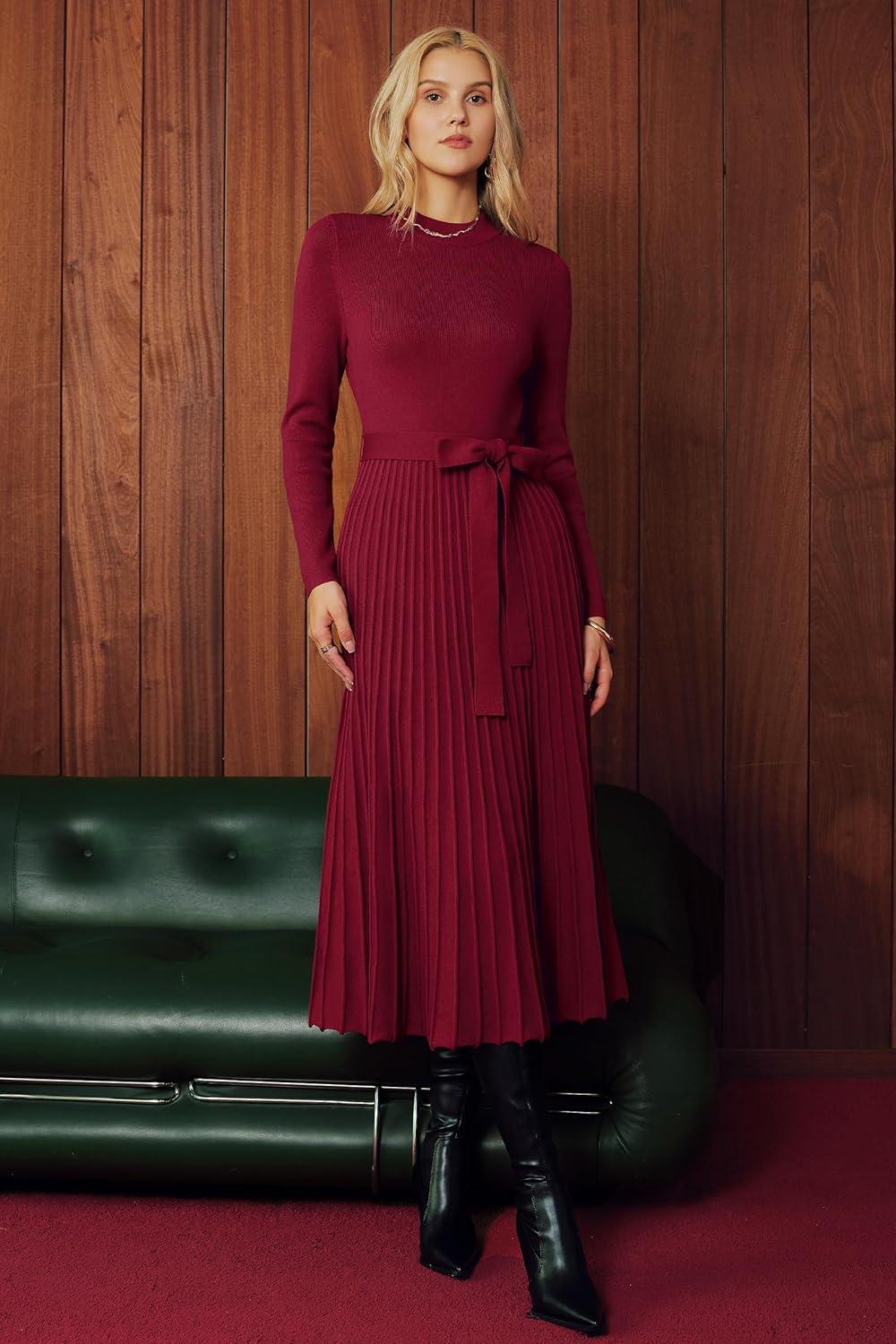 image:imageArachampCloz Womens Wool Blend Mock Neck Tie Waist Fall Winter Pleated Sweater Dress 2026Wine Red