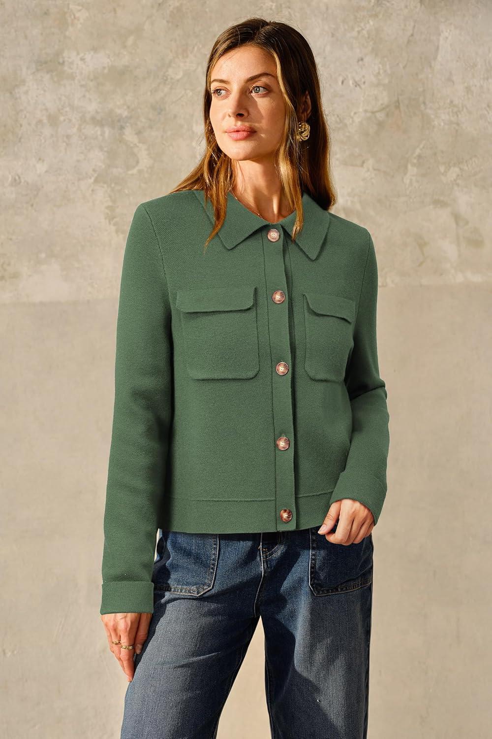 image:imageArachampCloz Womens Wool Blend Spring Fashion Button Down Cropped Jacket Shackets 2026Army Green