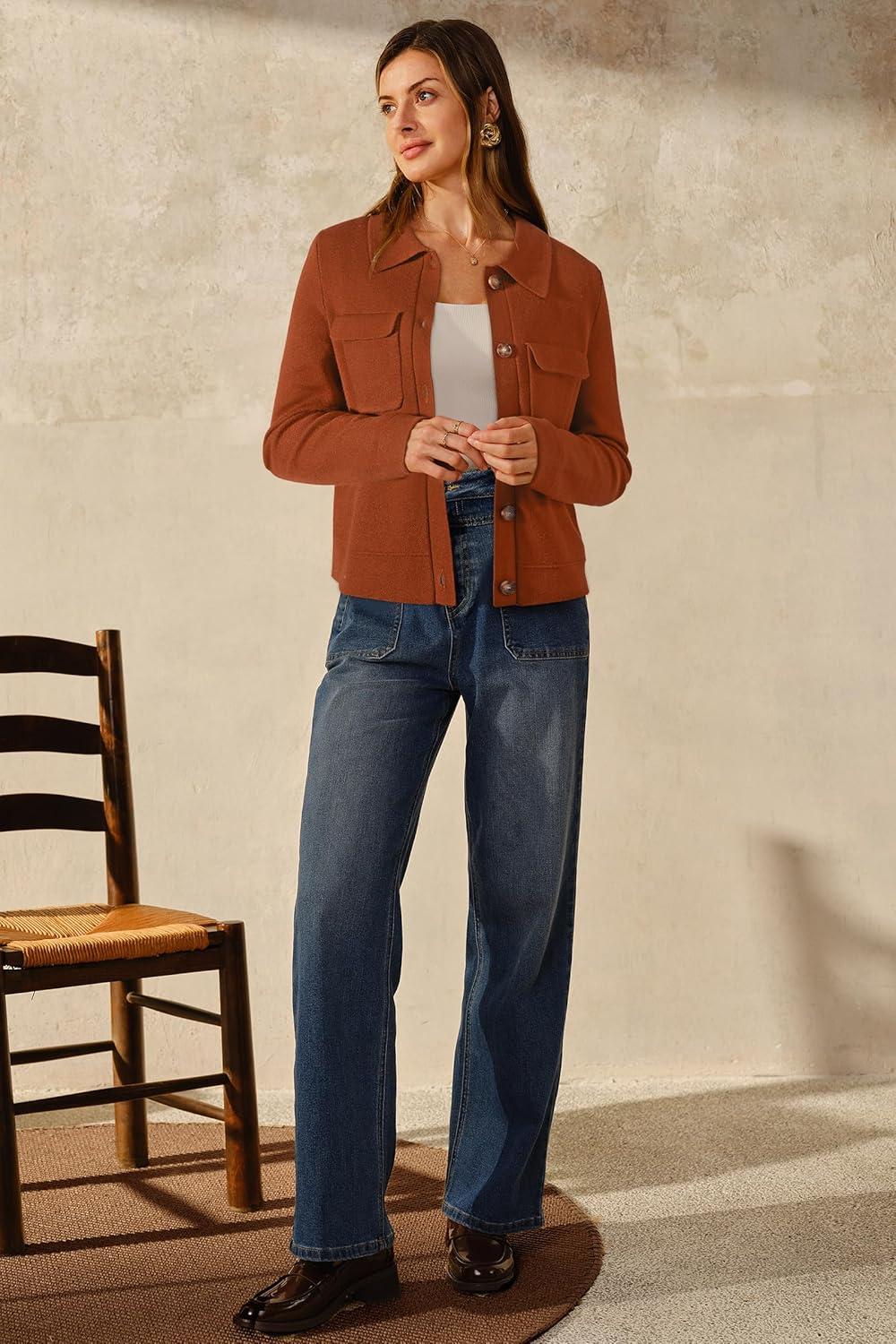 image:imageArachampCloz Womens Wool Blend Spring Fashion Button Down Cropped Jacket Shackets 2026Brick Red