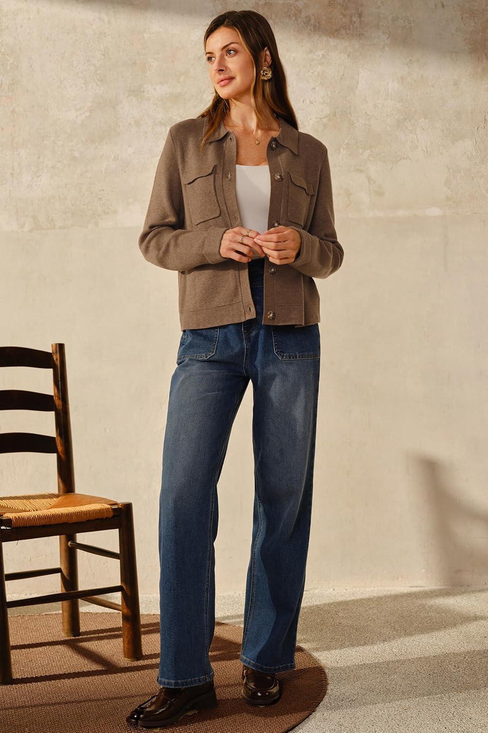image:imageArachampCloz Womens Wool Blend Spring Fashion Button Down Cropped Jacket Shackets 2026Brown