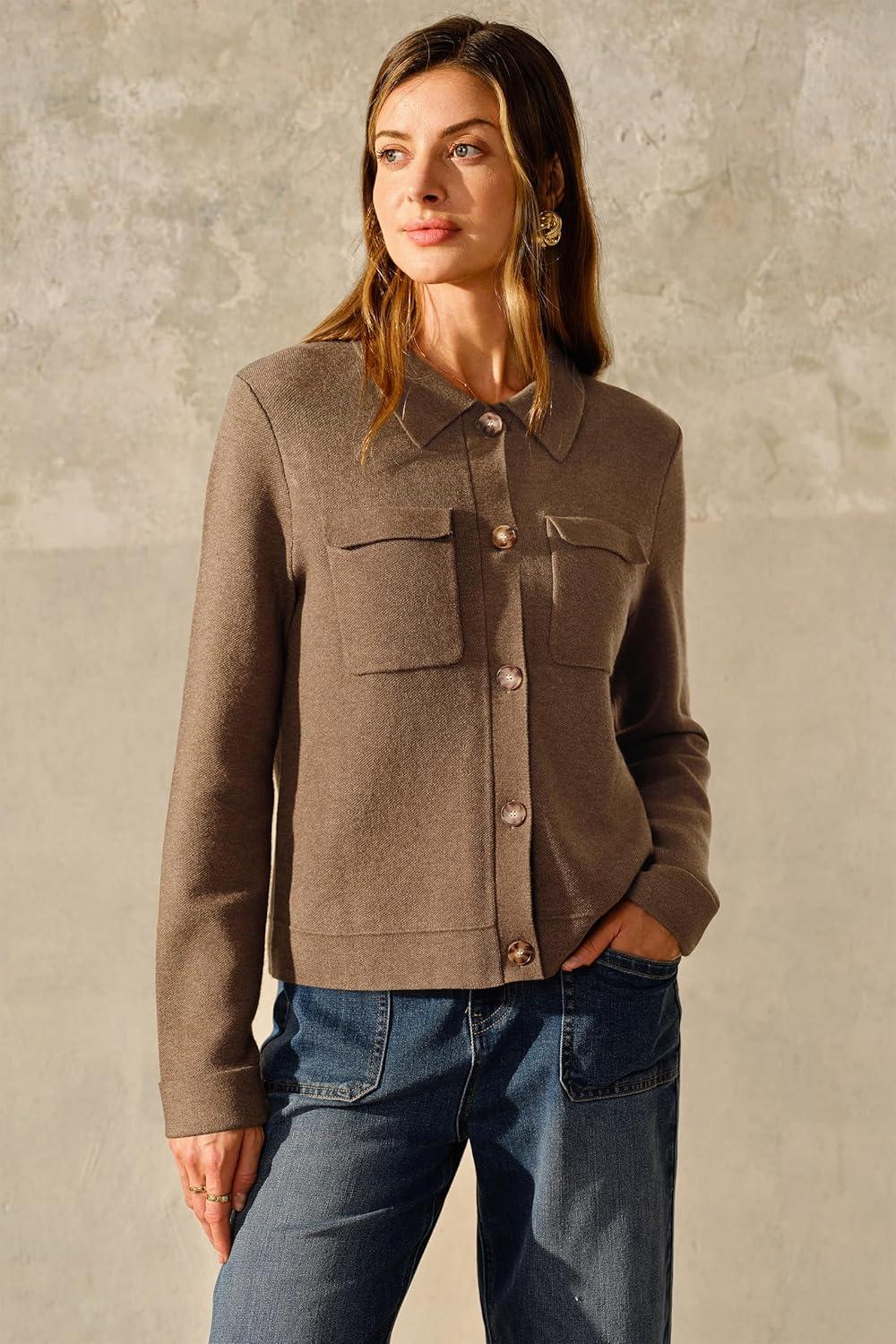 image:imageArachampCloz Womens Wool Blend Spring Fashion Button Down Cropped Jacket Shackets 2026Brown