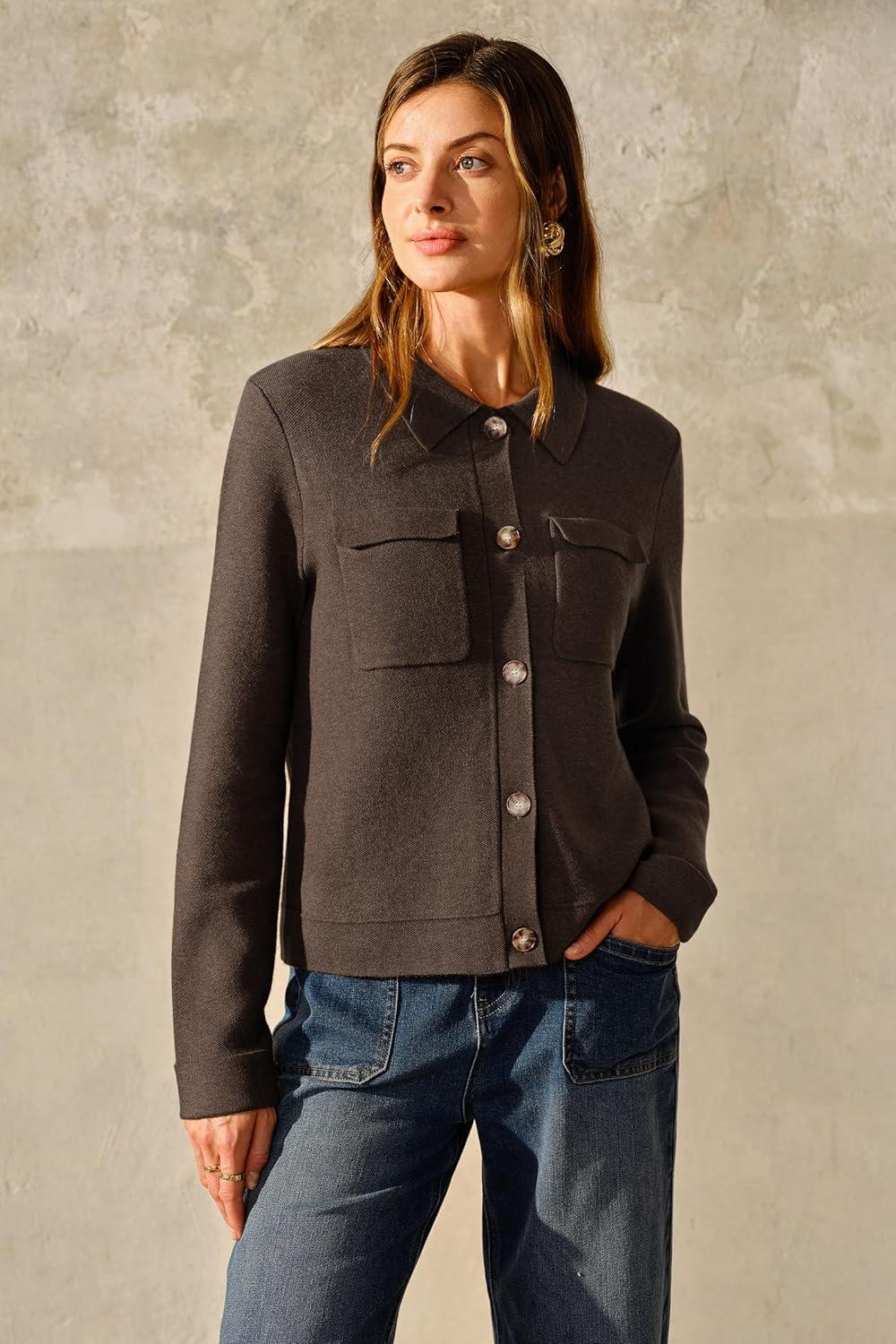 image:imageArachampCloz Womens Wool Blend Spring Fashion Button Down Cropped Jacket Shackets 2026Coffee