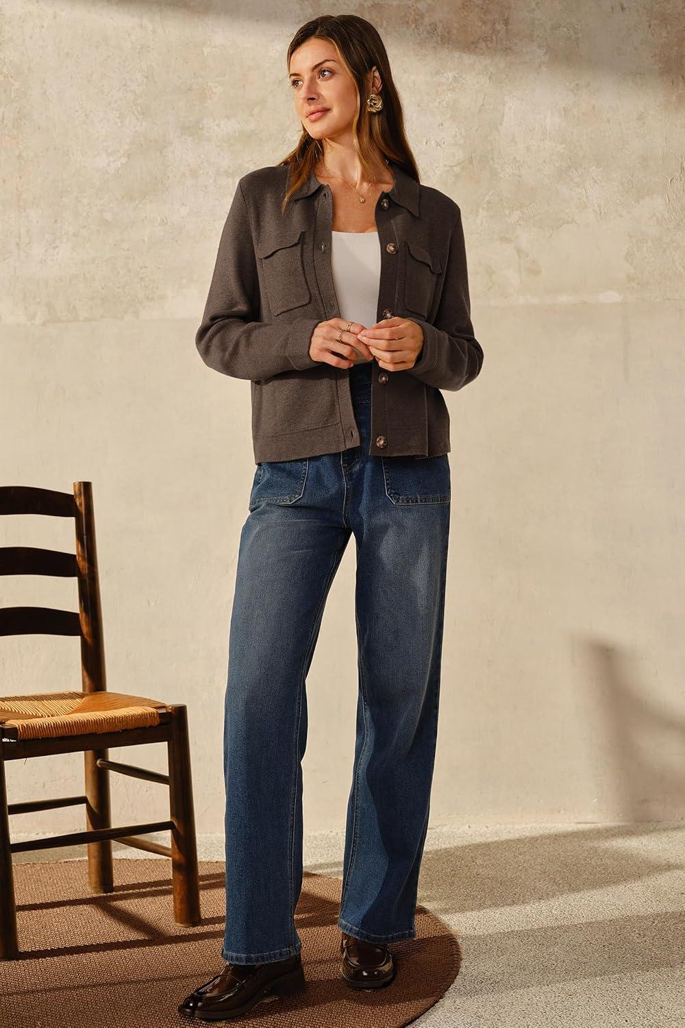image:imageArachampCloz Womens Wool Blend Spring Fashion Button Down Cropped Jacket Shackets 2026Coffee