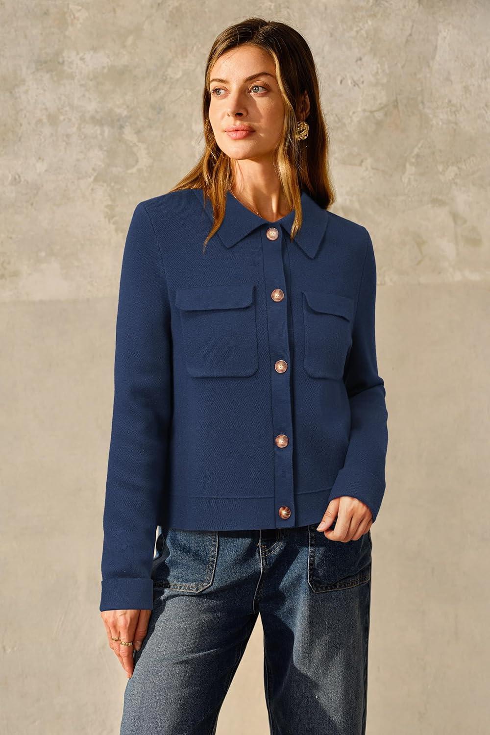 image:imageArachampCloz Womens Wool Blend Spring Fashion Button Down Cropped Jacket Shackets 2026Dark Navy