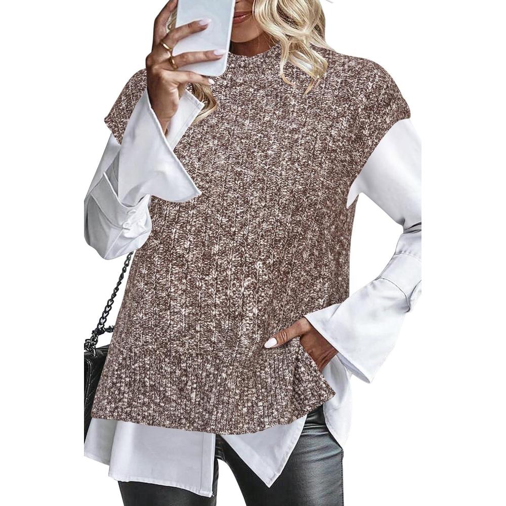 image:imageArachampCloz Womens Cotton Blend Cap Sleeve Side Slit Sweater Vest Fall Casual Tops 2025White Brown