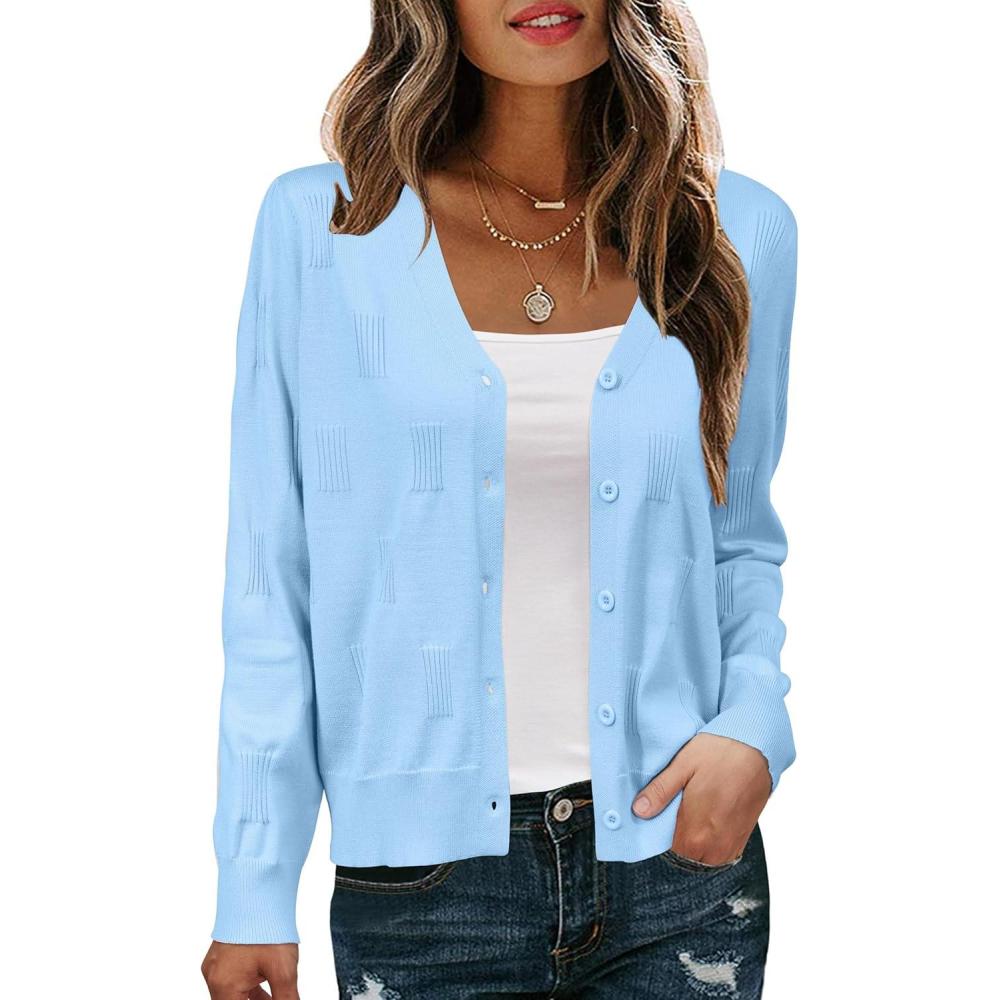 image:imageArachampCloz Womens Soft Cropped Cardigan Casual Lightweight Shrug Sweater TopsLight Blue