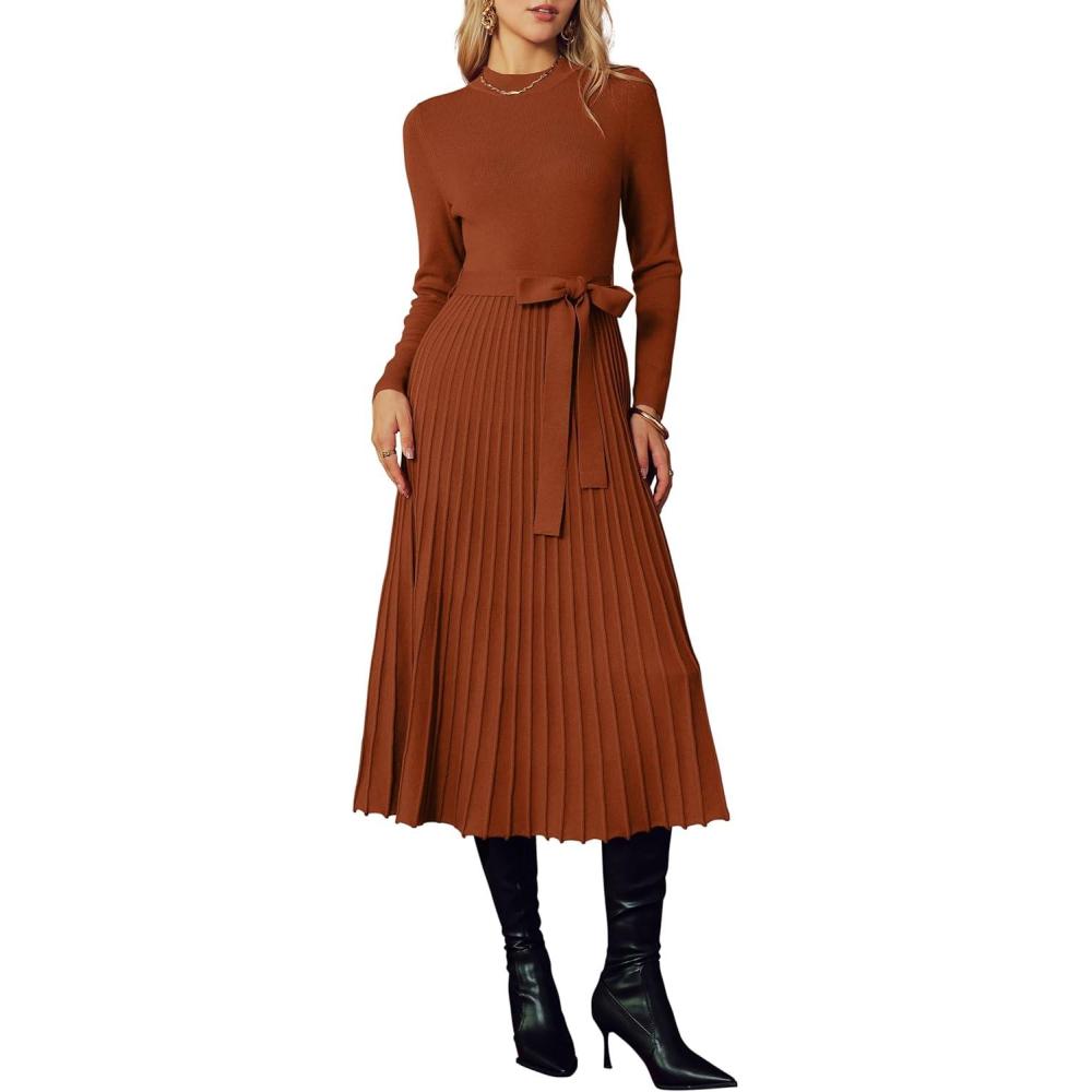 image:imageArachampCloz Womens Wool Blend Mock Neck Tie Waist Fall Winter Pleated Sweater Dress 2026Rust