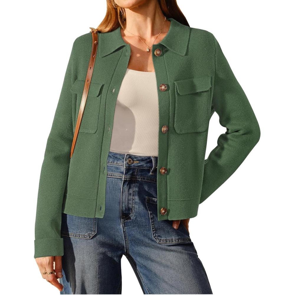 image:imageArachampCloz Womens Wool Blend Spring Fashion Button Down Cropped Jacket Shackets 2026Army Green